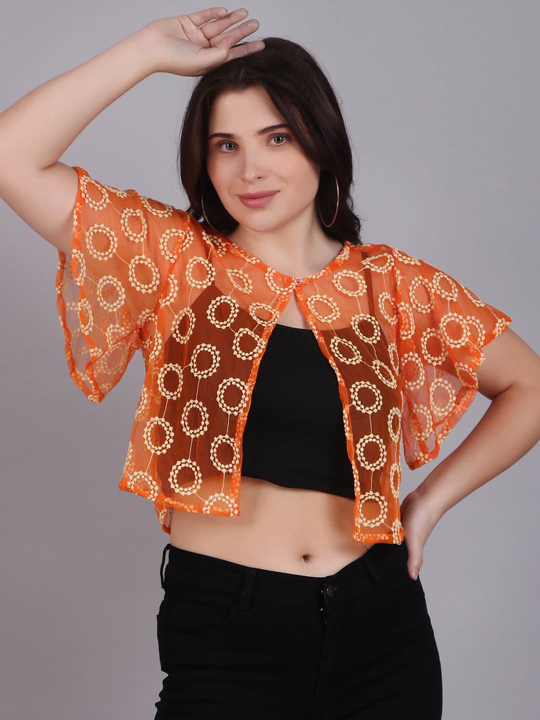 Dressitude Self Design Cotton Crop Button Shrug