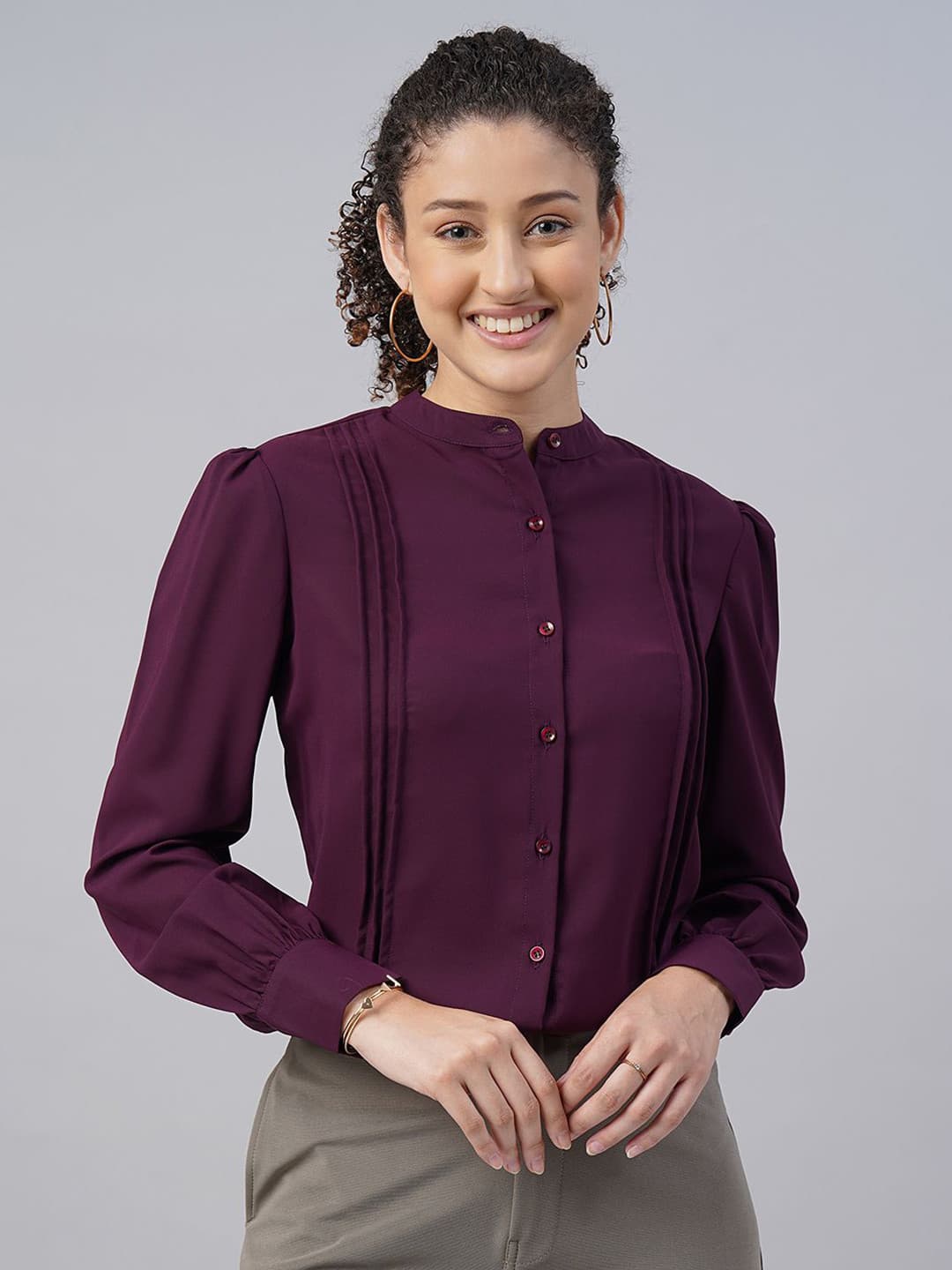 FITHUB Pleated Mandarin Collar Cotton Formal Shirt