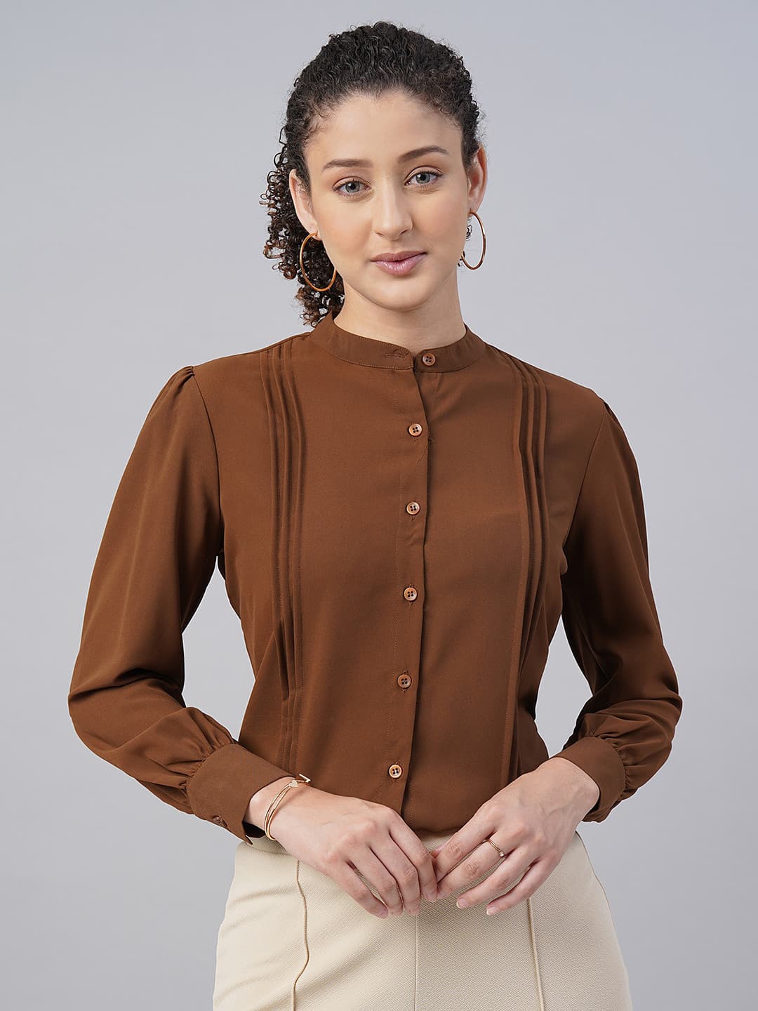 FITHUB Pleated Mandarin Collar Cotton Formal Shirt