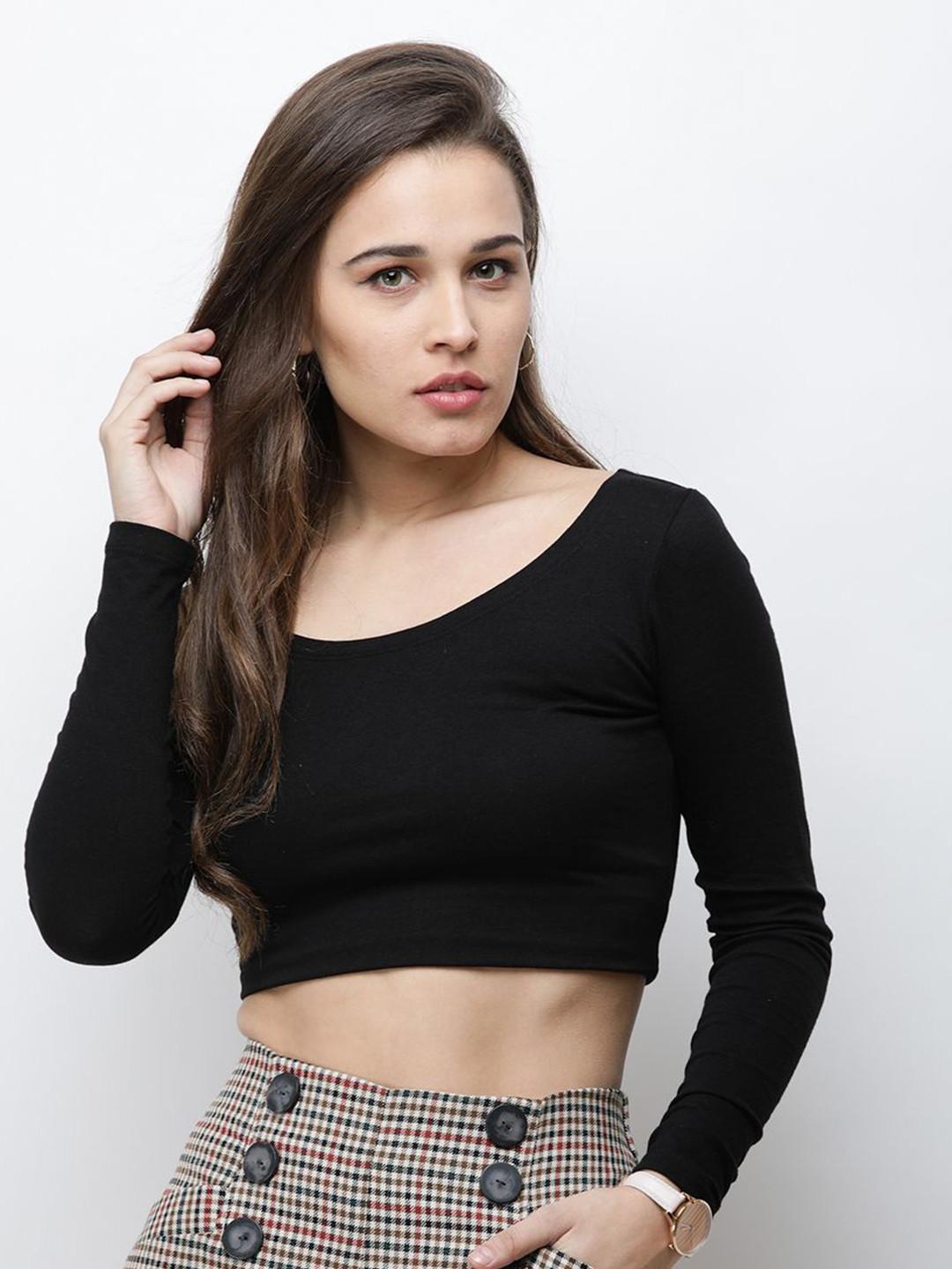 MINOS Scoop Neck Solid Cotton Crop Fitted Top
