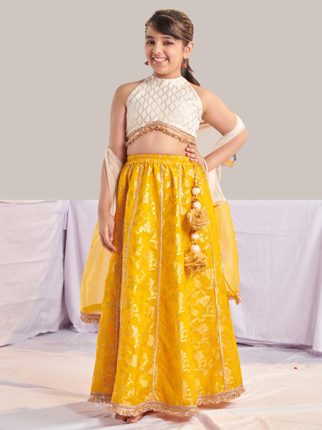 Pspeaches Girls Yellow And White Jacquard Lehenga Choli Dupatta Set