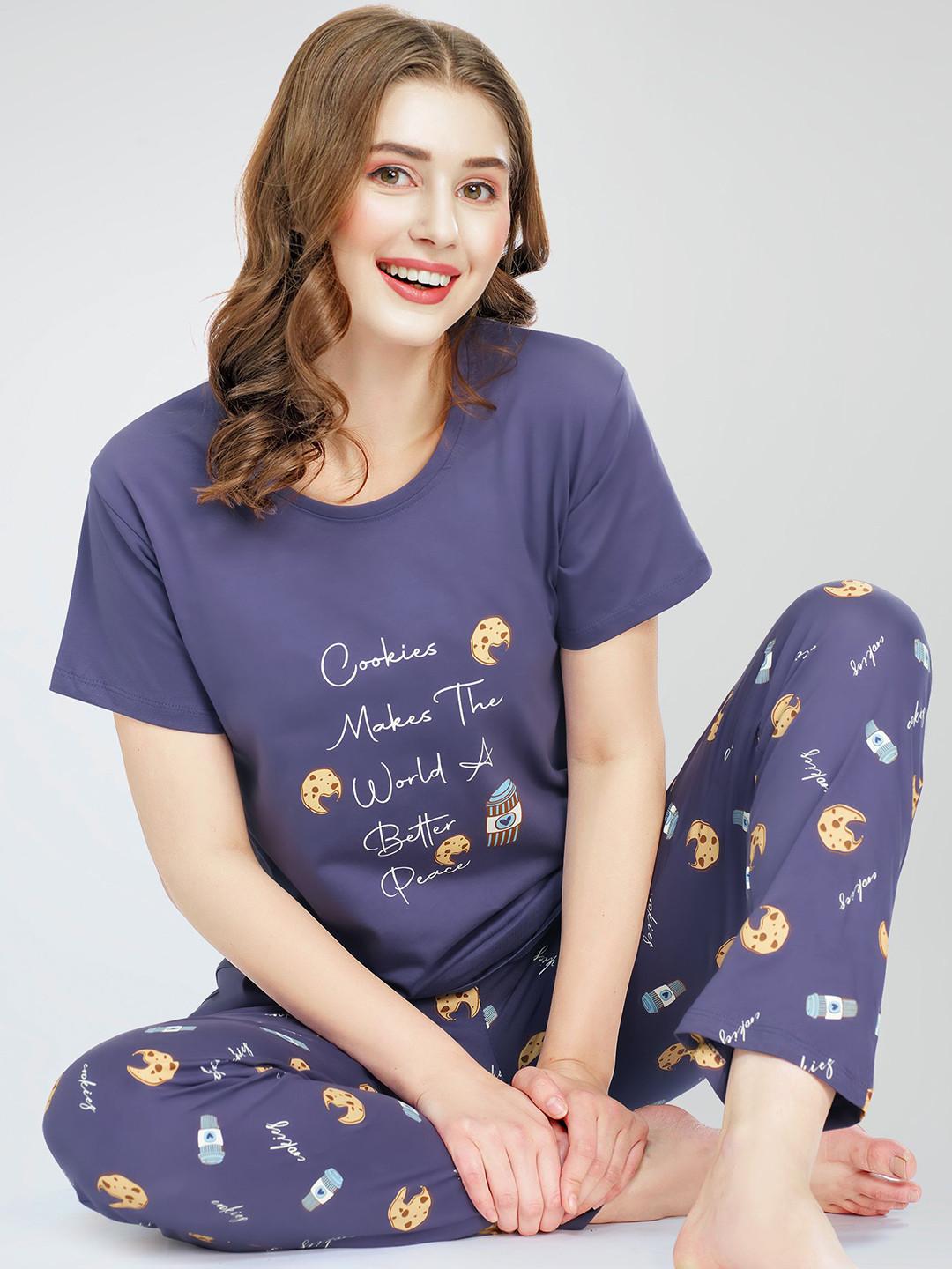 Zeyo Round Neck Printed Pure Cotton Night suit