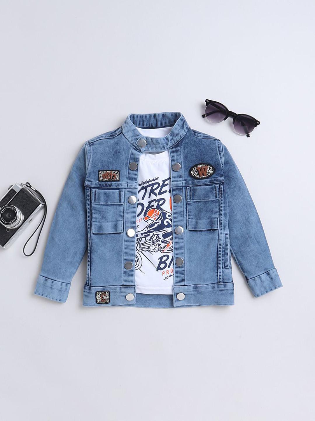 Ministitch Boys Washed Denim Crop Jacket Solid With Printed Tshirt