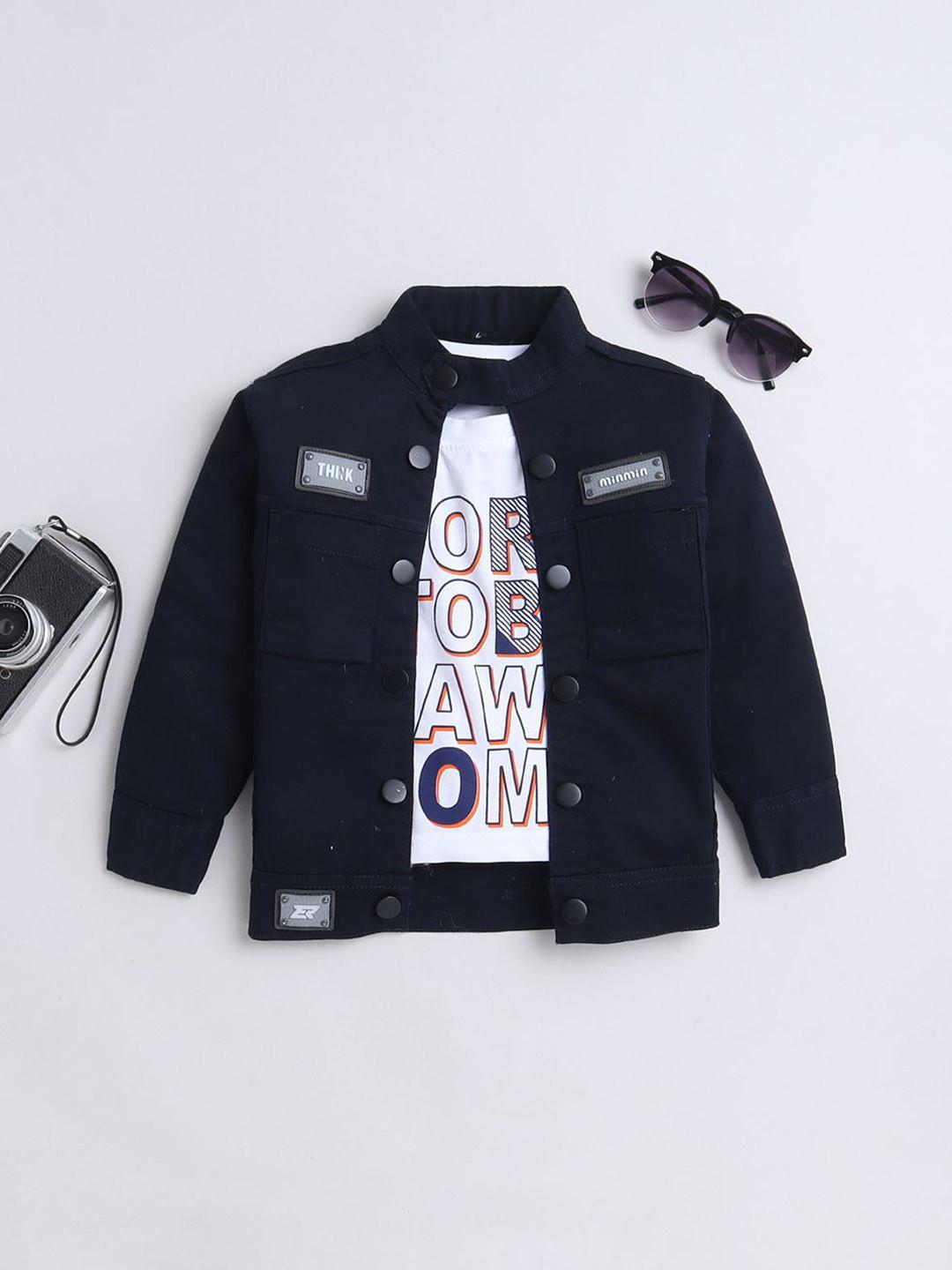 Ministitch Boys Printed Solid Washed Denim Jacket with Patchwork