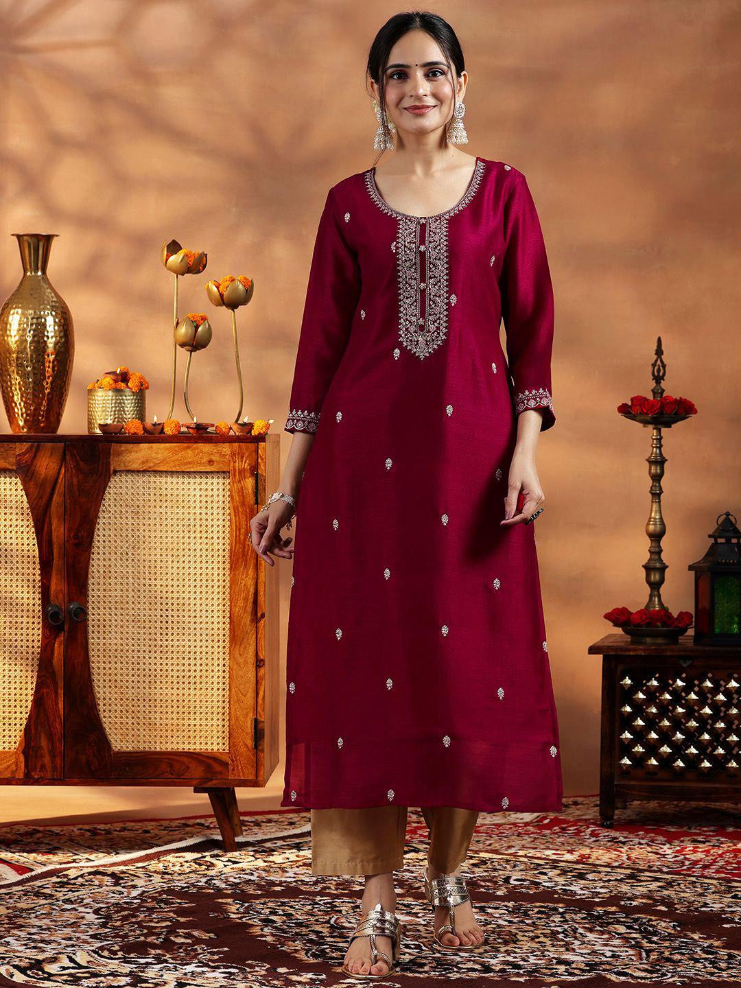 Libas Floral Embroidered Round Neck Sequinned Silk Straight Kurta
