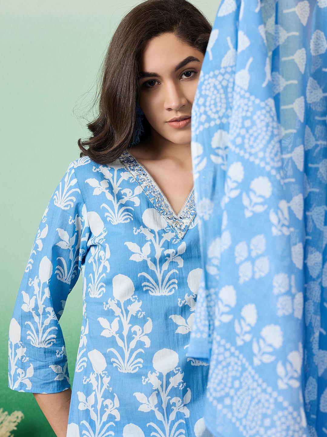 Sangria Printed & Embroidered Pure Cotton Straight Kurta With Trouser & Dupatta Set