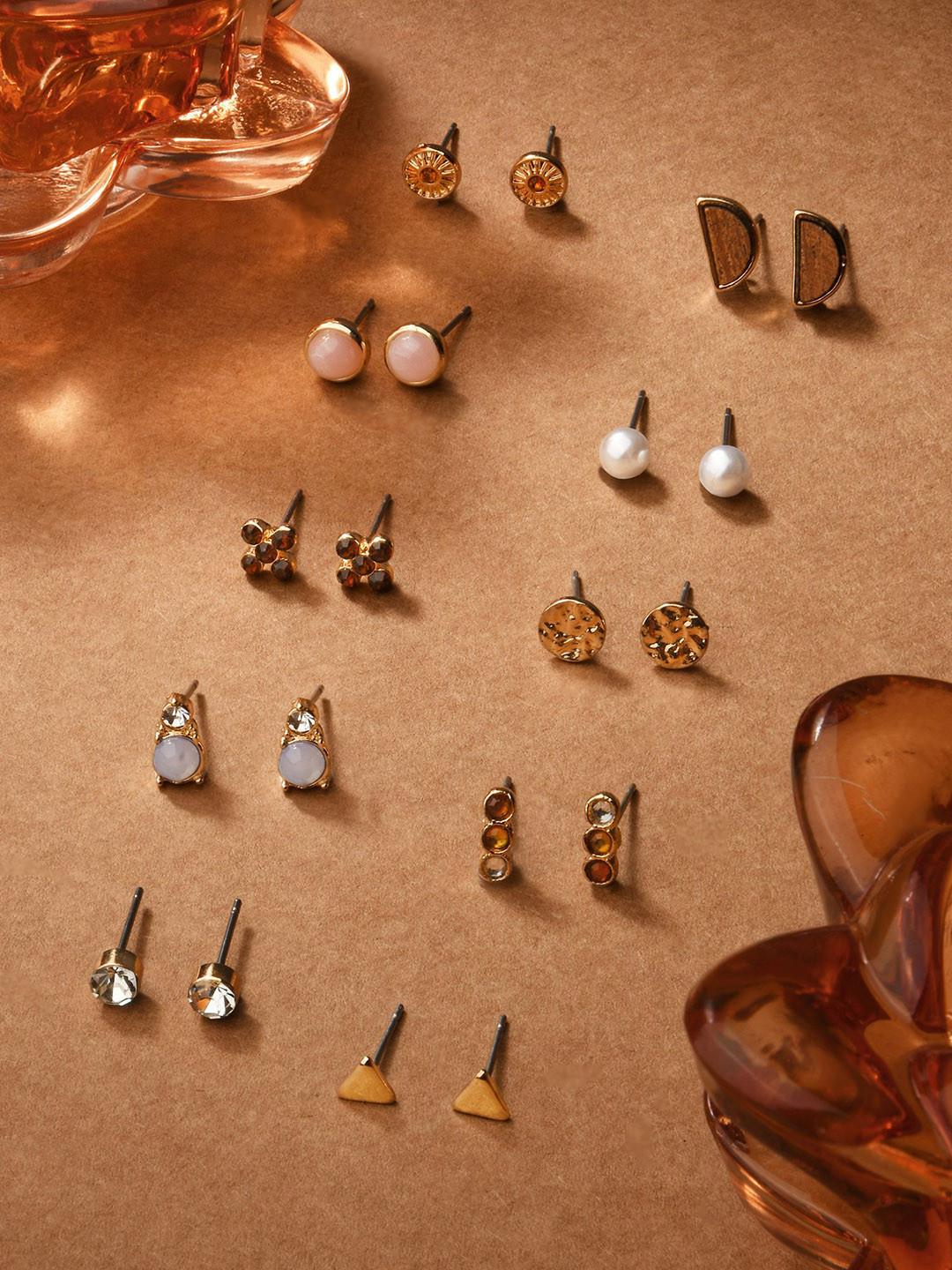 Accessorize Set Of 10 Stone Studded & Beaded Contemporary Stud Earrings