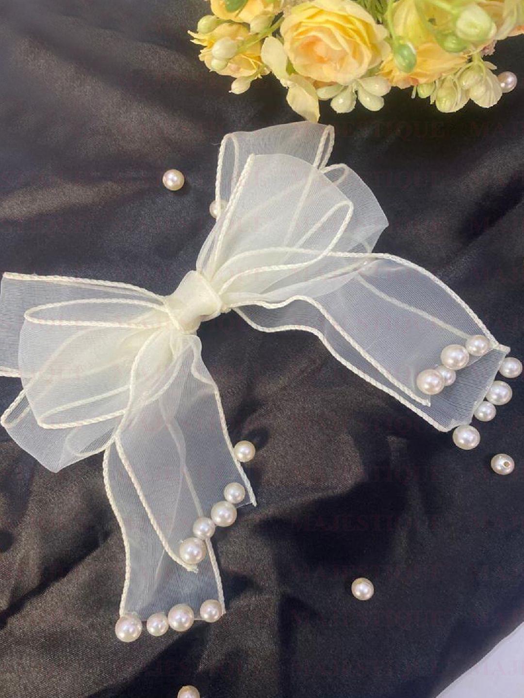 Majestique Set of 1 White Hair Ribbon Pearl Alligator Clip