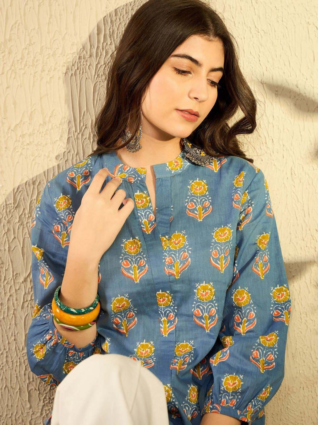 KALINI Floral Print Mandarin Collar Shirt Style Top