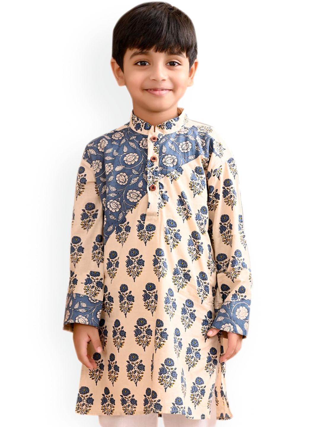 Sangria Boys White & Blue Floral Printed Mandarin Collar Straight Cotton Kurta