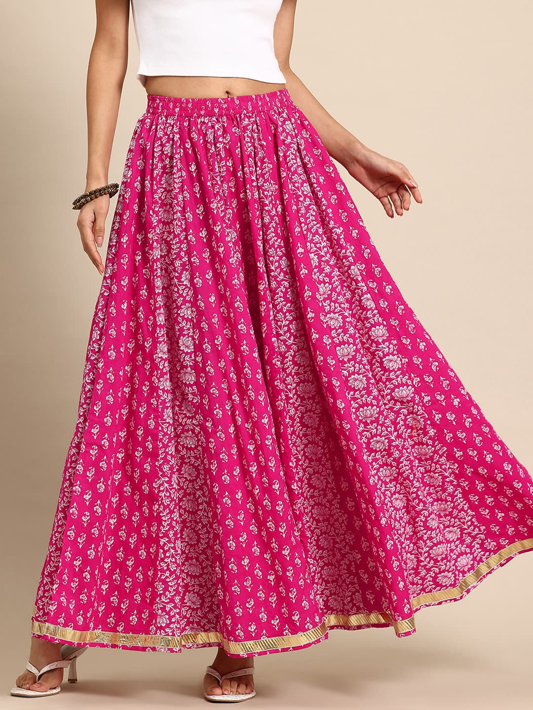 anayna Floral Printed Pure Cotton Flared Maxi Skirt
