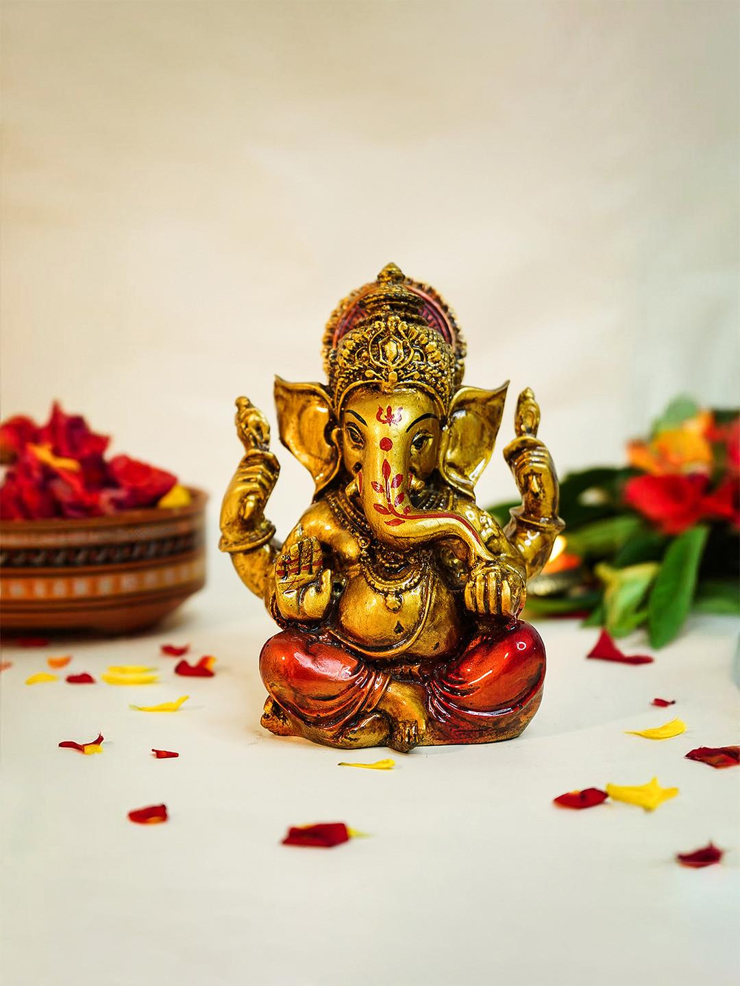 Ekhasa Ganesha Gold Polyresin Glossy Prayer Room Small Showpiece - 5.5 Inches
