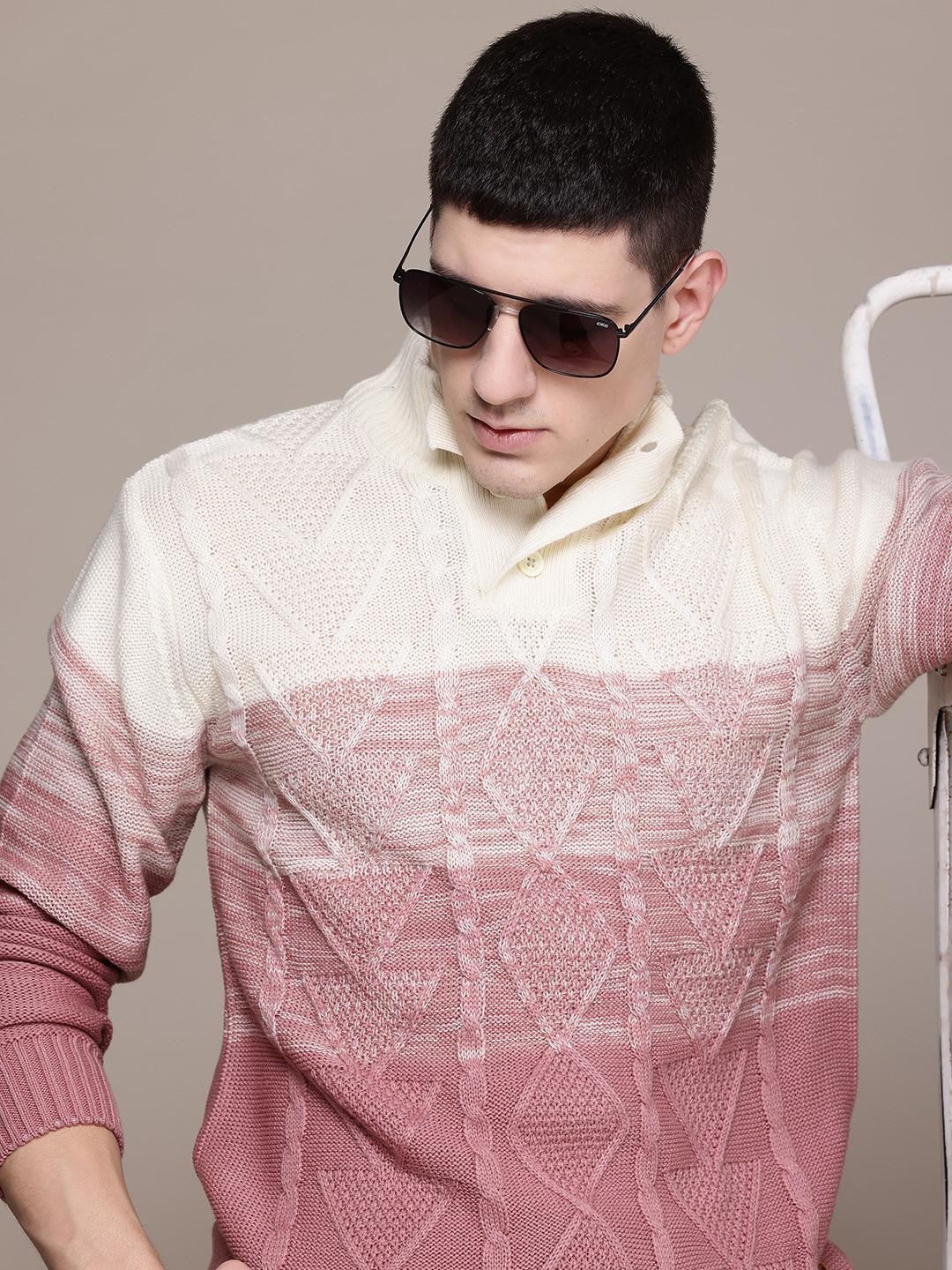 Roadster Men Cable Knit Colourblocked Pullover