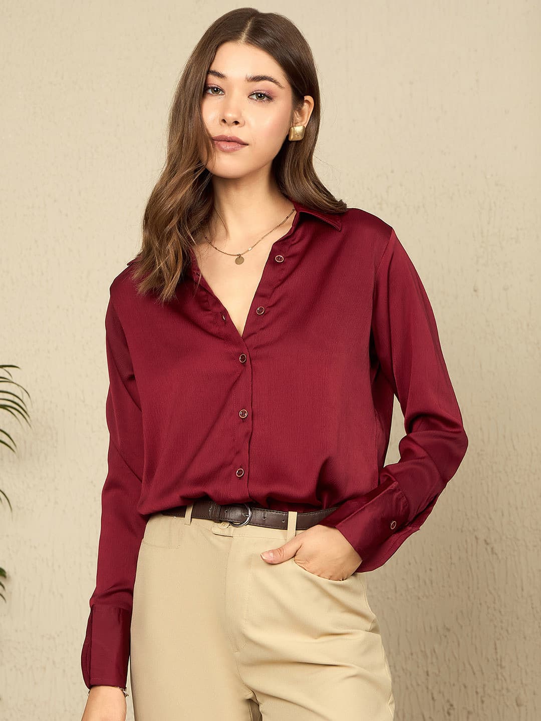 The Roadster Lifestyle Co. Women Spread Collar Textured Satin Casual Shirt