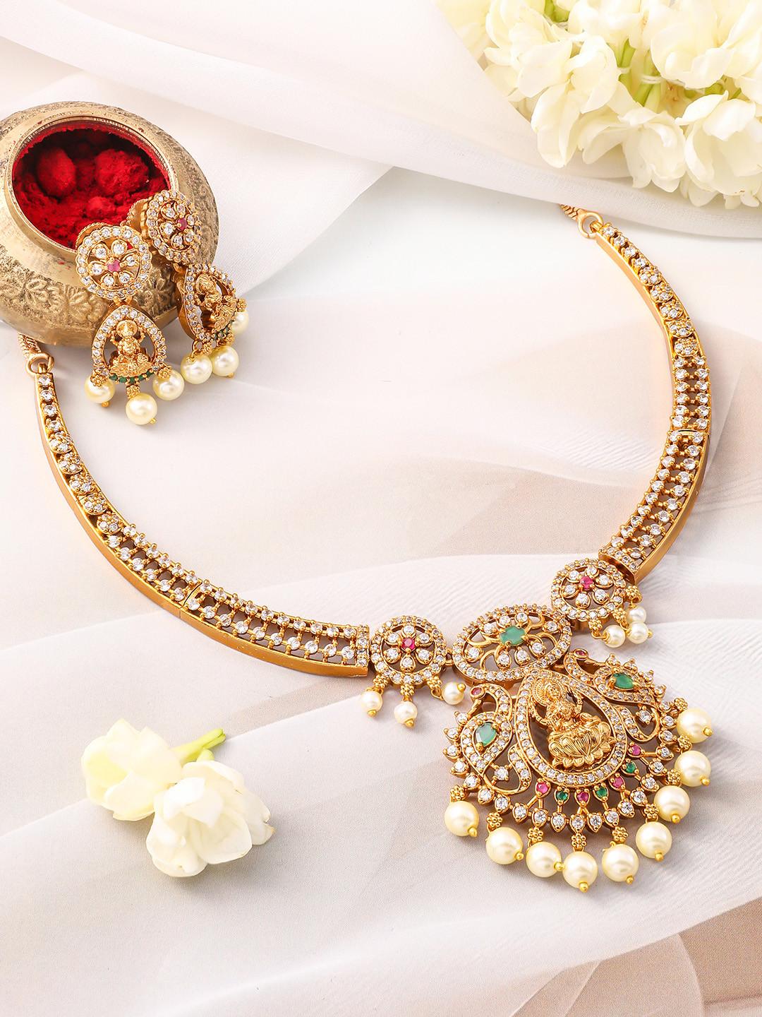 Rubans 22K Gold-Plated Emerald Green, Ruby Pink & White Cubic Zirconia Temple Necklace Set