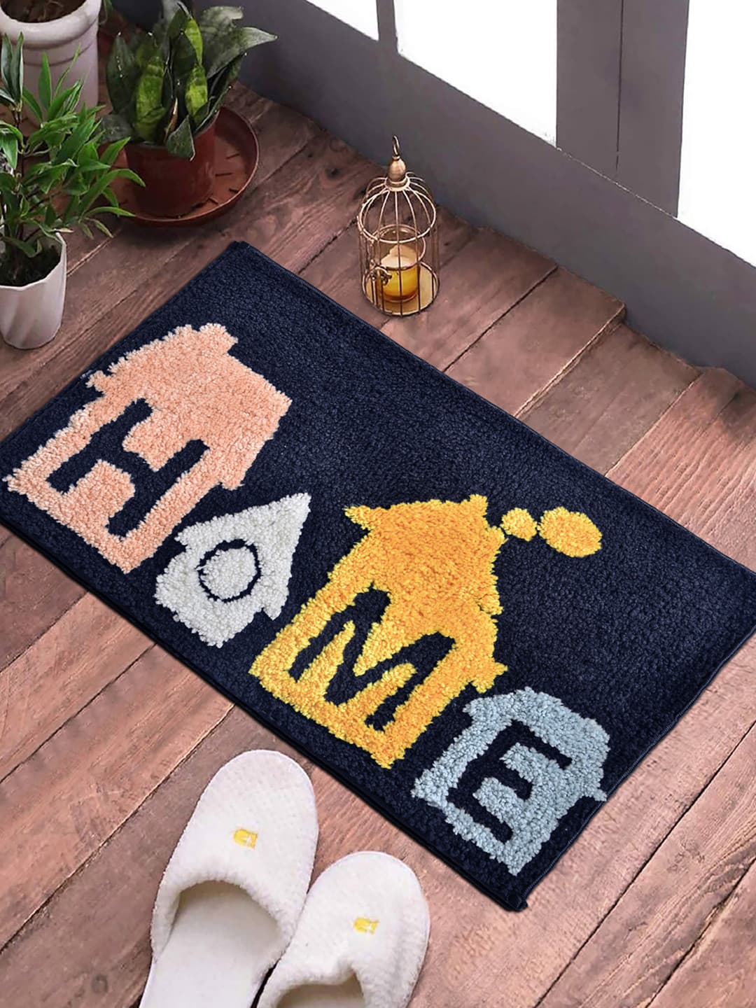 FABINALIV Navy Blue & Yellow Geometric Anti-Skid Doormats