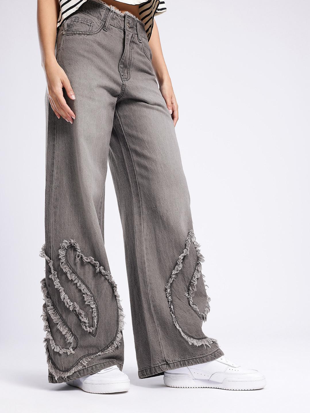 glitchez Women Pure Cotton Baggy Wide Leg High-Rise Faded Applique Frayed Jeans