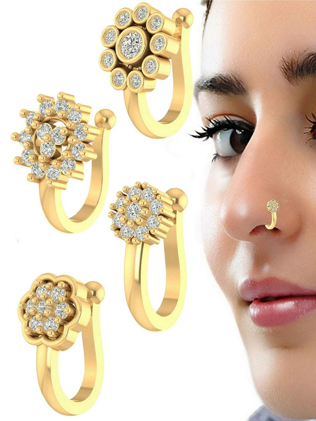 VAMA Women Set of 4 Pcs Diamond Gold Stone Clip on Non Piercing Stone Nosepin