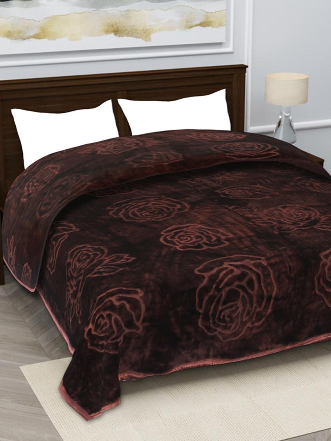 MAGICAL Brown Floral Mink 400 GSM Double Bed Blanket