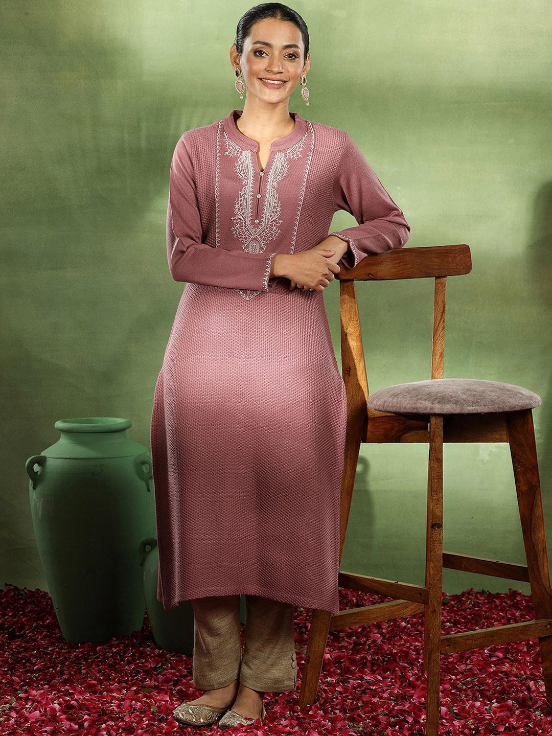 Libas Floral Embroidered Mandarin Collar Long Sleeves Wool Straight Kurta