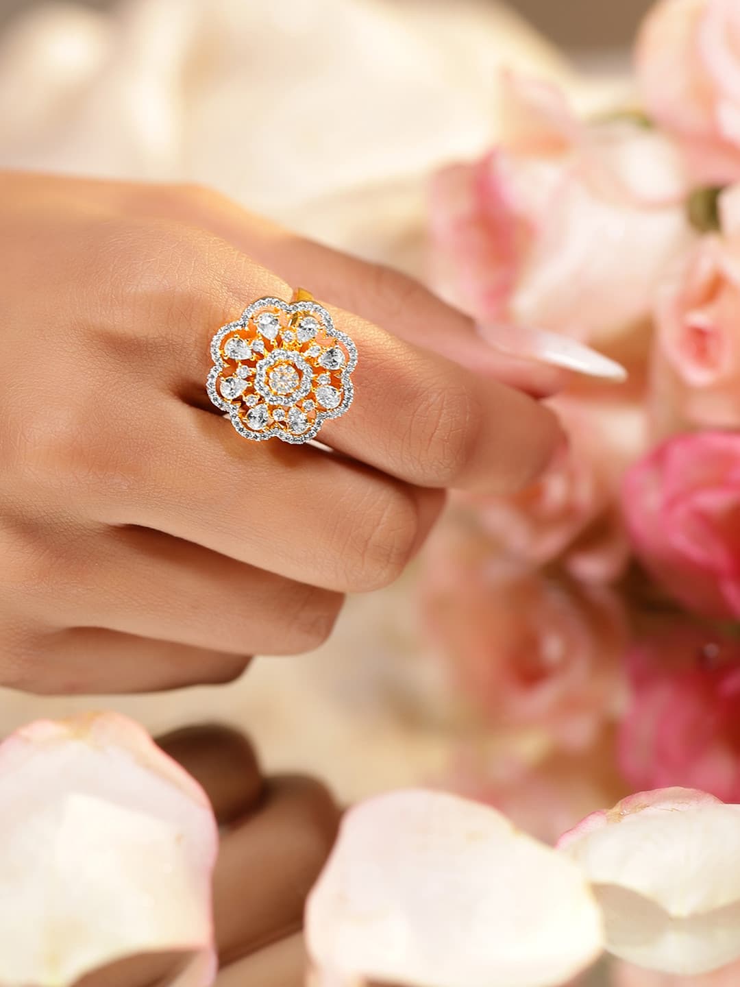 Rubans 22K Gold-Plated Floral Design Cubic Zirconia Studded Adjustable Finger Ring