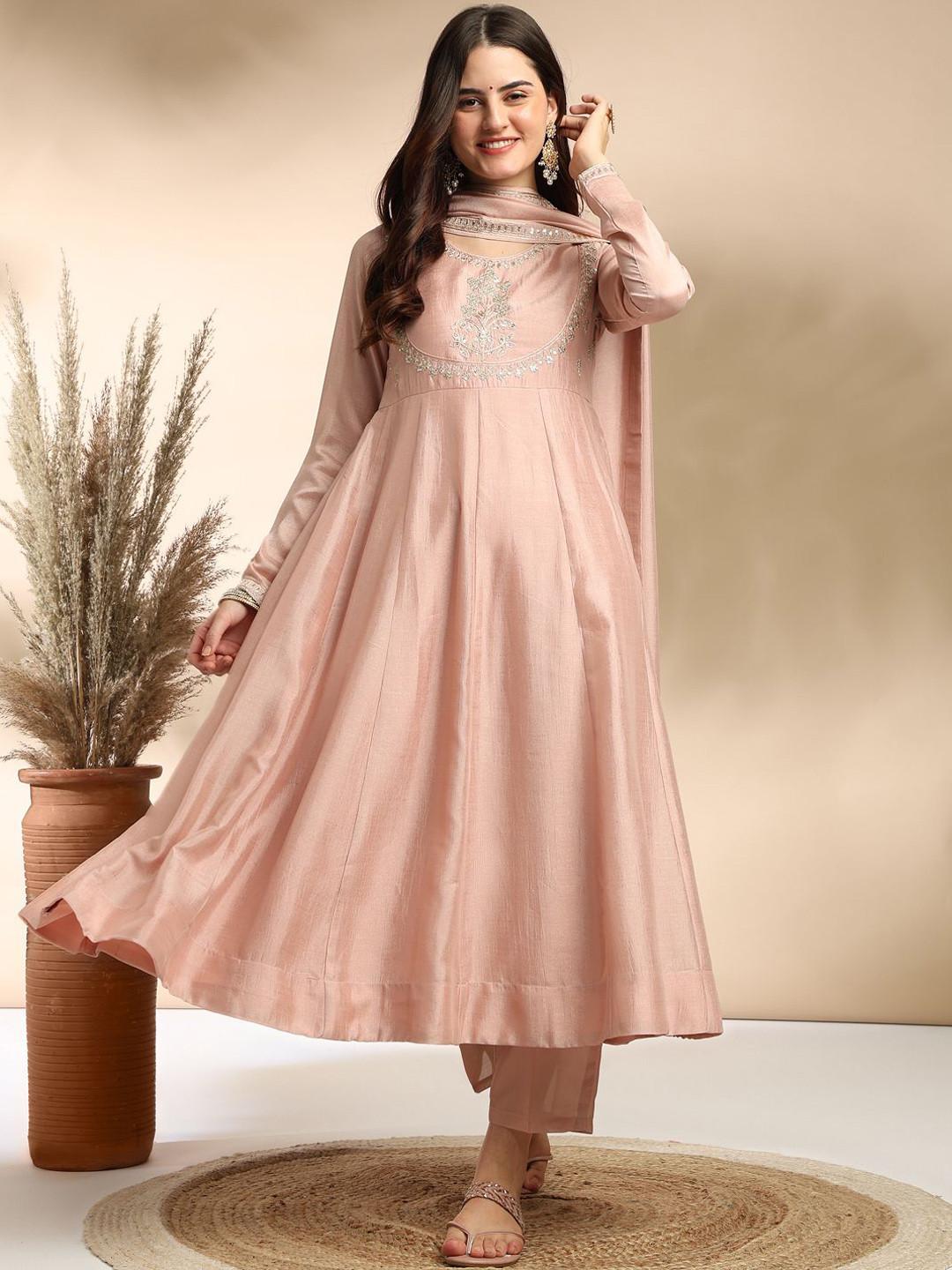 MOKOSH Women Silk Embroidered Anarkali Kurta And Pant With Dupatta Set