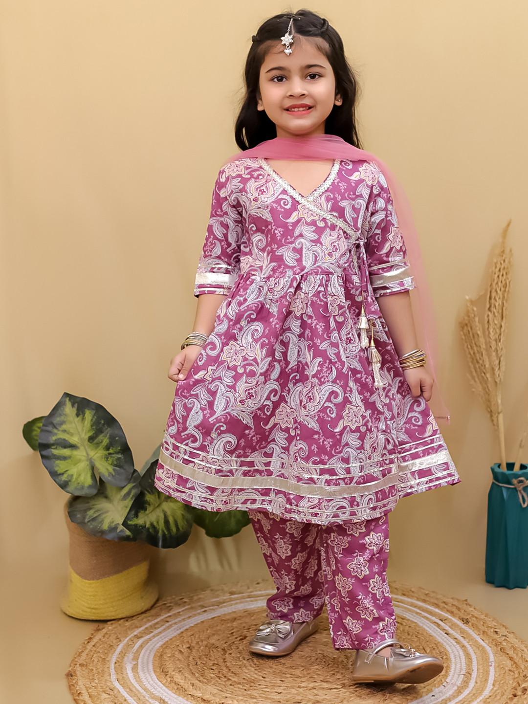 Superminis Girls Paisley Printed Gotta Patti Pure Cotton Kurta With Pyjama & Dupatta