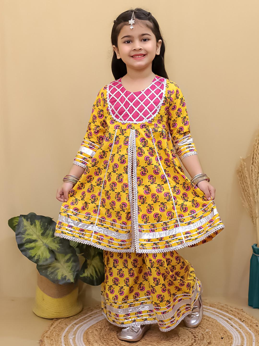 Superminis Girls Floral Printed Gotta Patti Pure Cotton Anarkali Kurti with Sharara