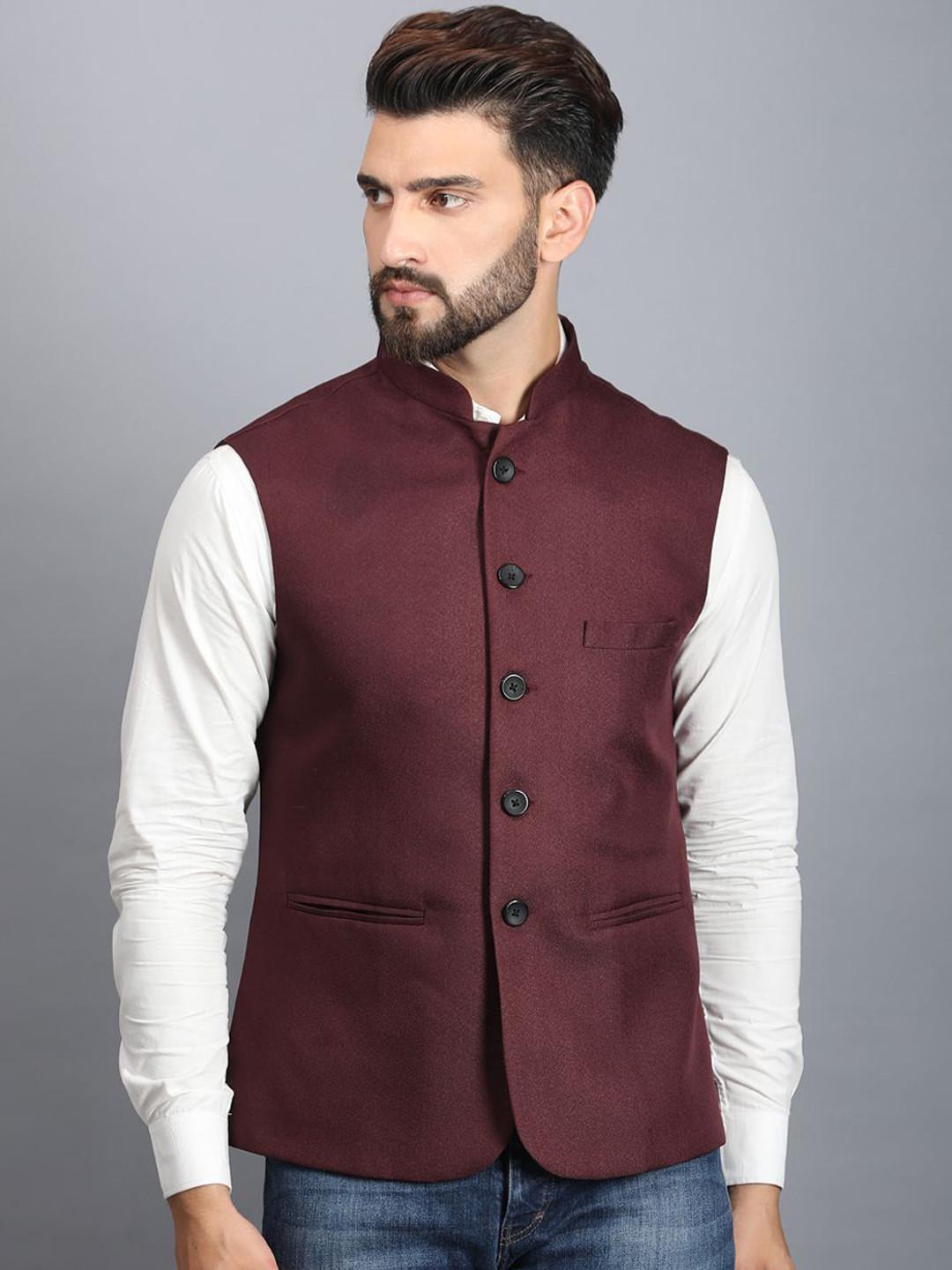 Ethluxis Men Mandarin Collar Woven Nehru Jackets