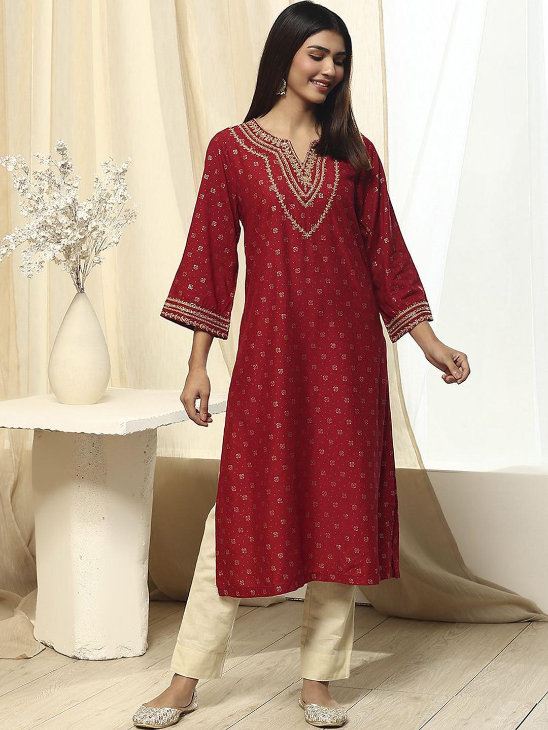 Biba Floral Embroidered Notch-Neck Straight Kurta