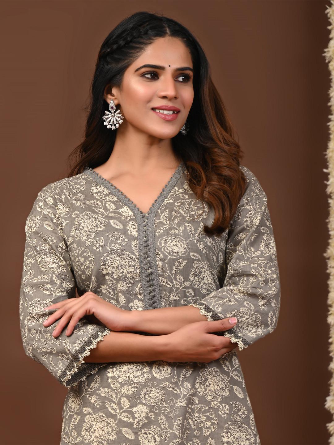 Rimeline Floral Printed V-Neck Pure Cotton Straight Kurtas