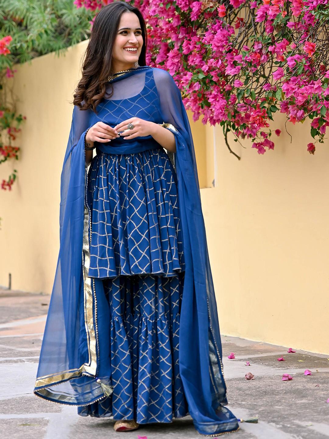 Shedika Geometric Printed Pleated Pure Cotton Anarkali Kurta with Sharara & Dupatta
