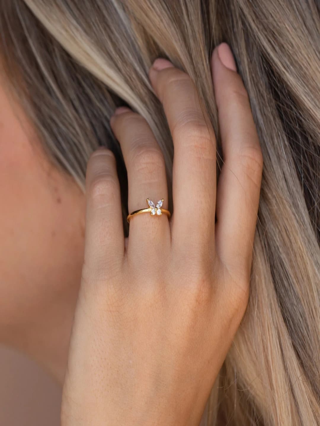 AQUASTREET 18K Gold Plated Waterproof, Anti-Tarnish White Zircon Butterfly Midi Ring
