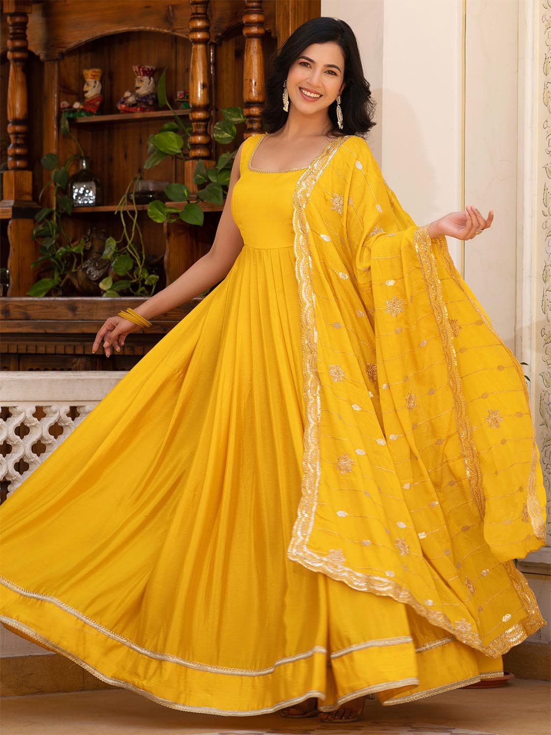 TextileNow Gown Maxi Ethnic Dress With Embroidered Dupatta