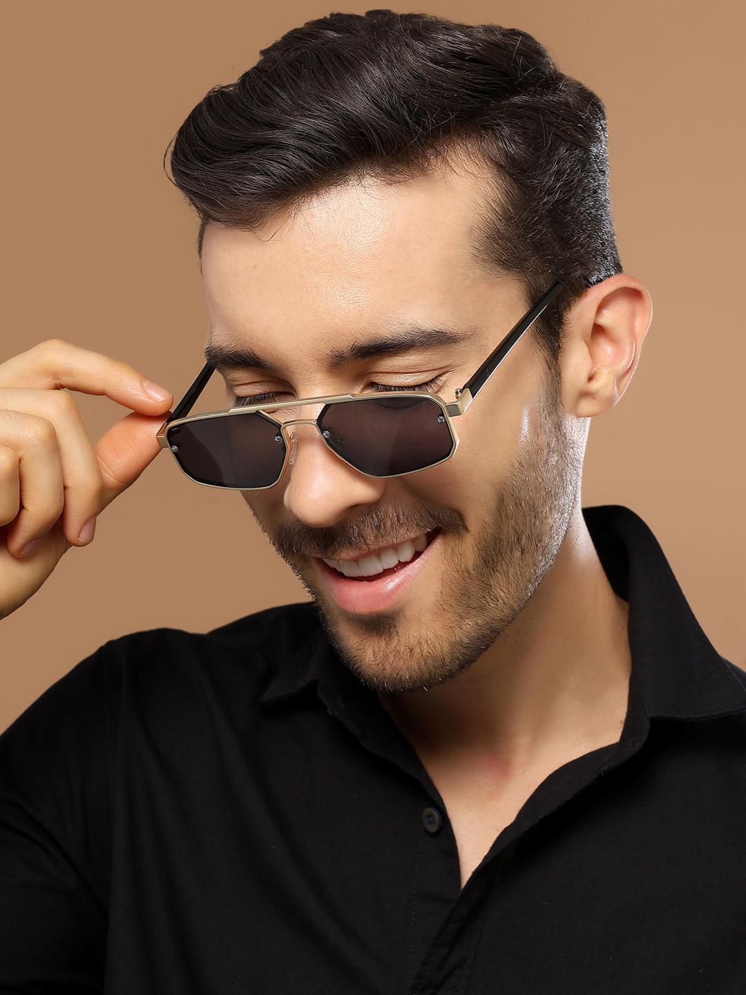 Voyage Rectangle Polarized Sunglasses for Unisex (Black Lens | Golden Frame - MG6840)
