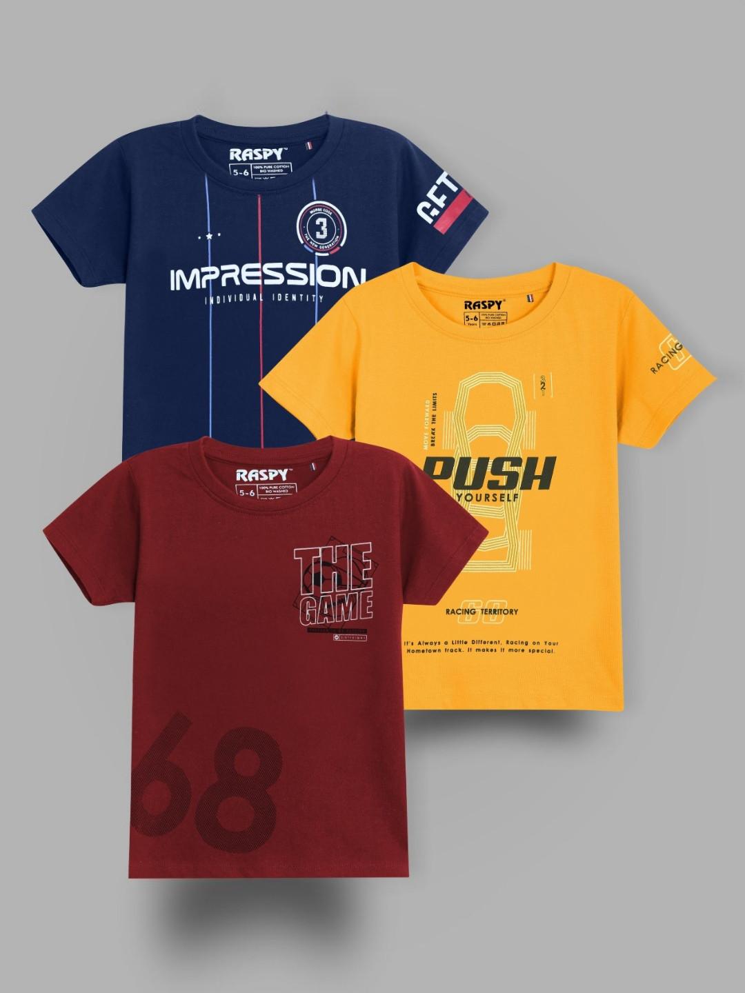 RASPY Boys Pack Of 3 Typography Printed Round Neck Pure Cotton Regular Fit T-Shirts