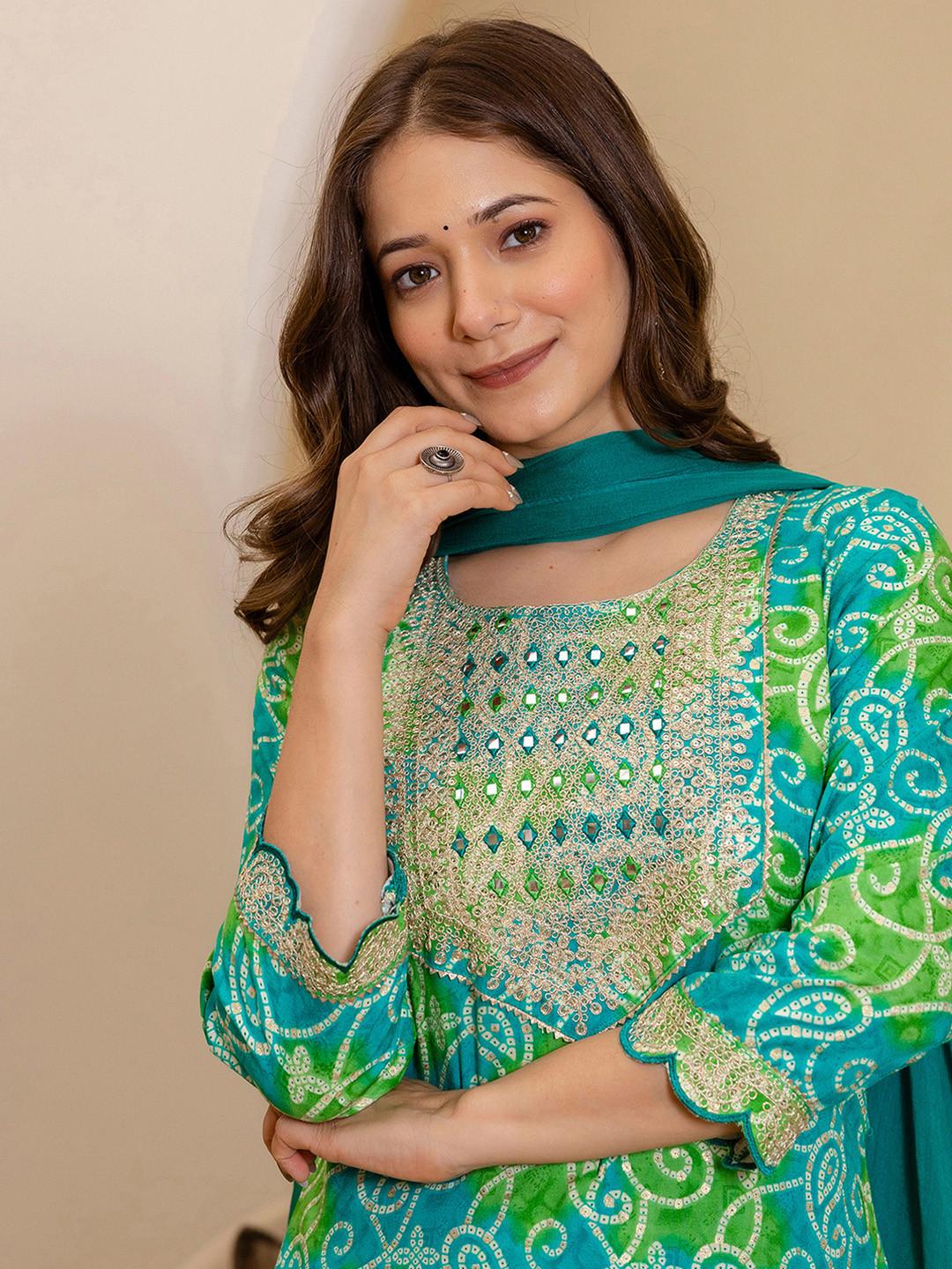 SKYLEE Bandhani Printed Round Neck Mirror Work Straight Kurta With Trousers & Dupatta