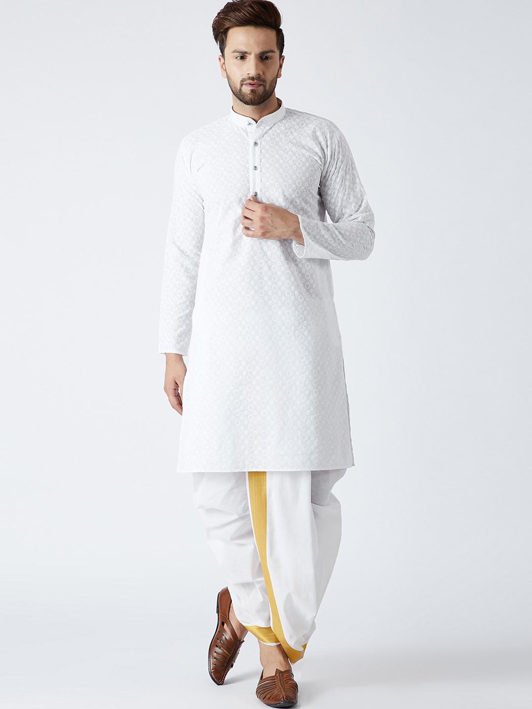 SOJANYA Men White Chikankari Embroidered Kurta with Dhoti Pants