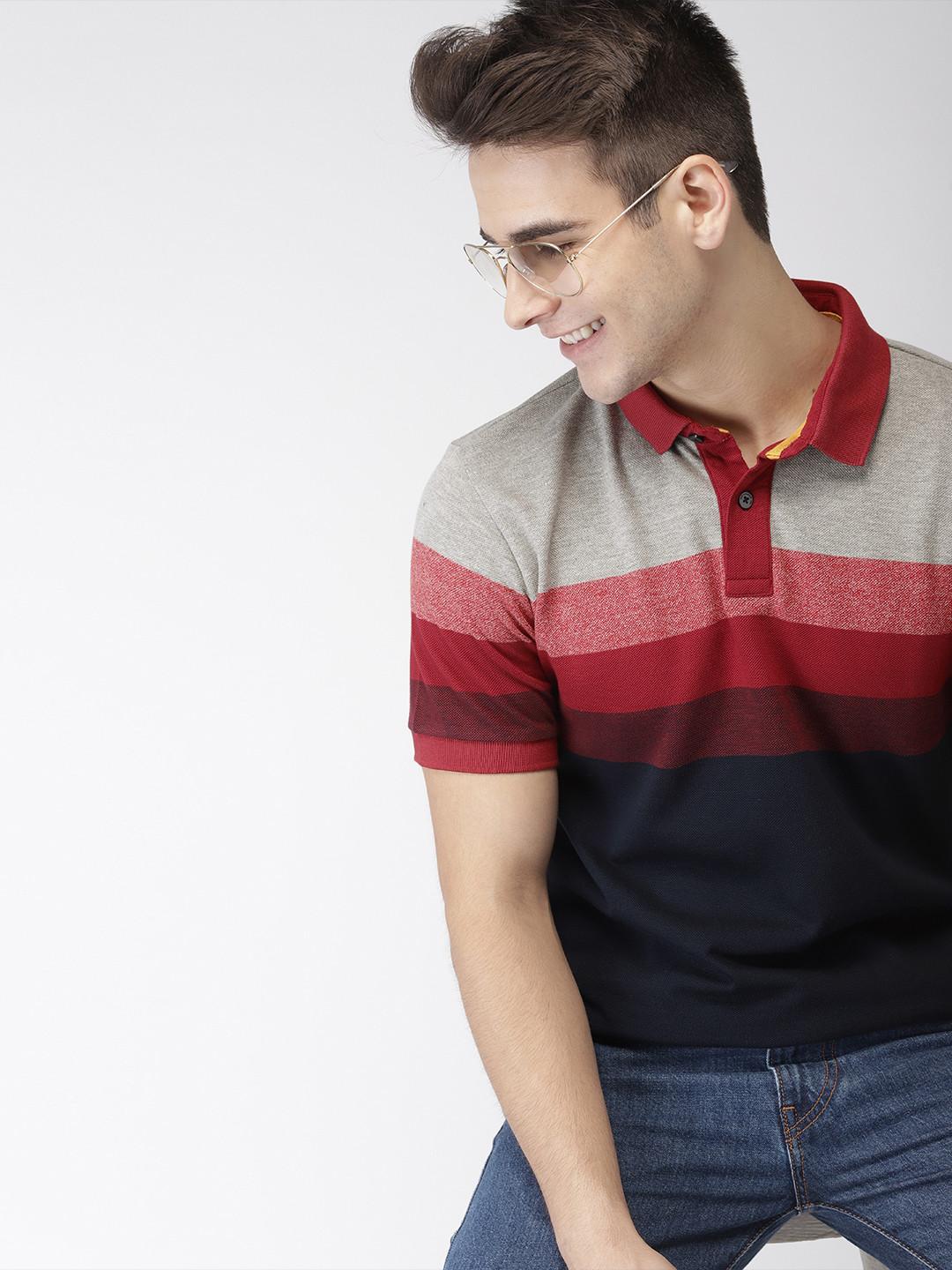 Mast & Harbour Men Navy Blue, Red & Grey Colourblocked Polo Collar T-shirt