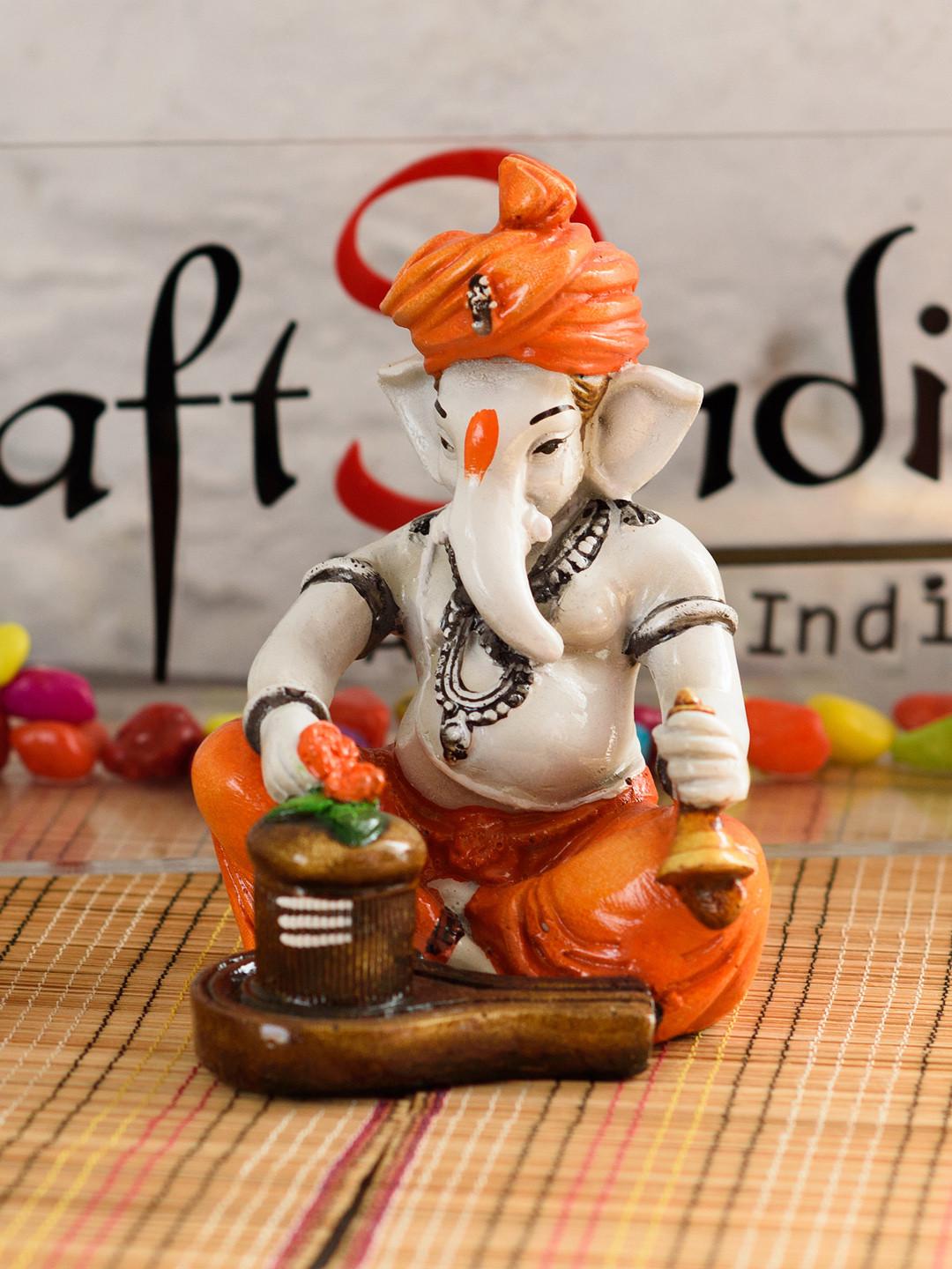 Artisyn Lord Ganesha Worshipping Lord Shiv Cream Polyresin Matte Prayer Room Small Showpiece - 6 Inches