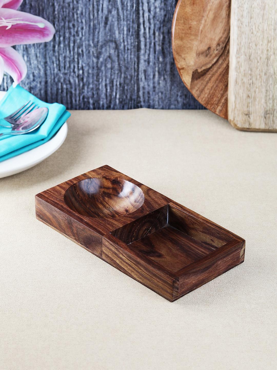 VarEesha Brown Solid Sheesham Wood Ceramic Dry Snacks Serving Dish Tray