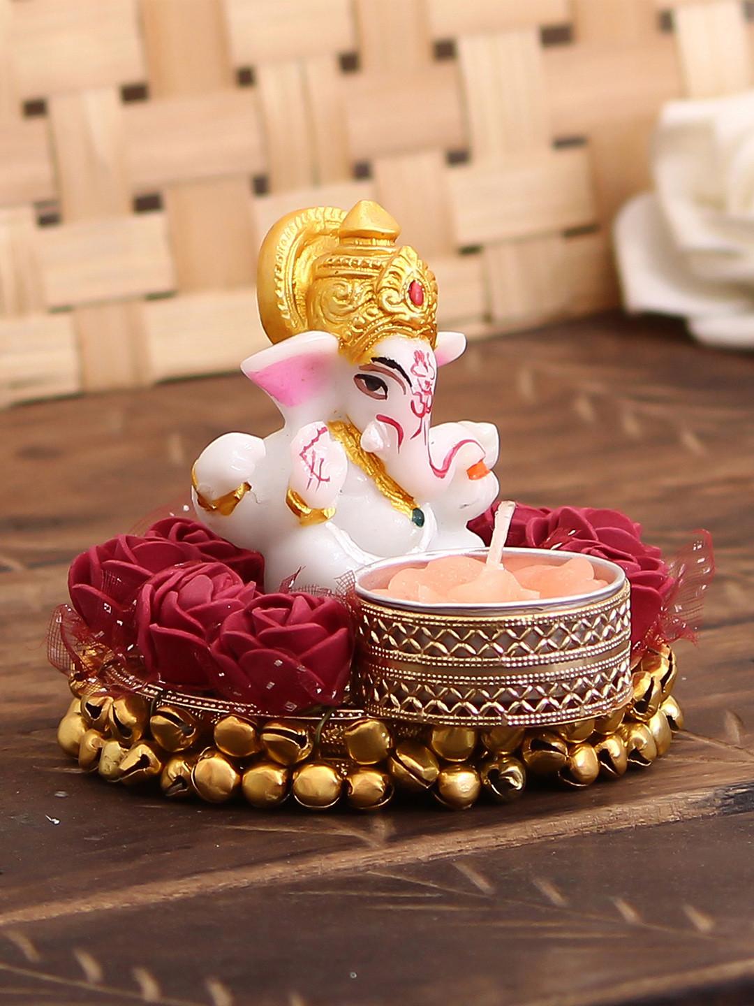 Artisyn Lord Ganesha Idol on Decorative Plate with Tea Light Holder White Polyresin Glossy Prayer Room Lights Tiny Showpiece - 3.1 Inches