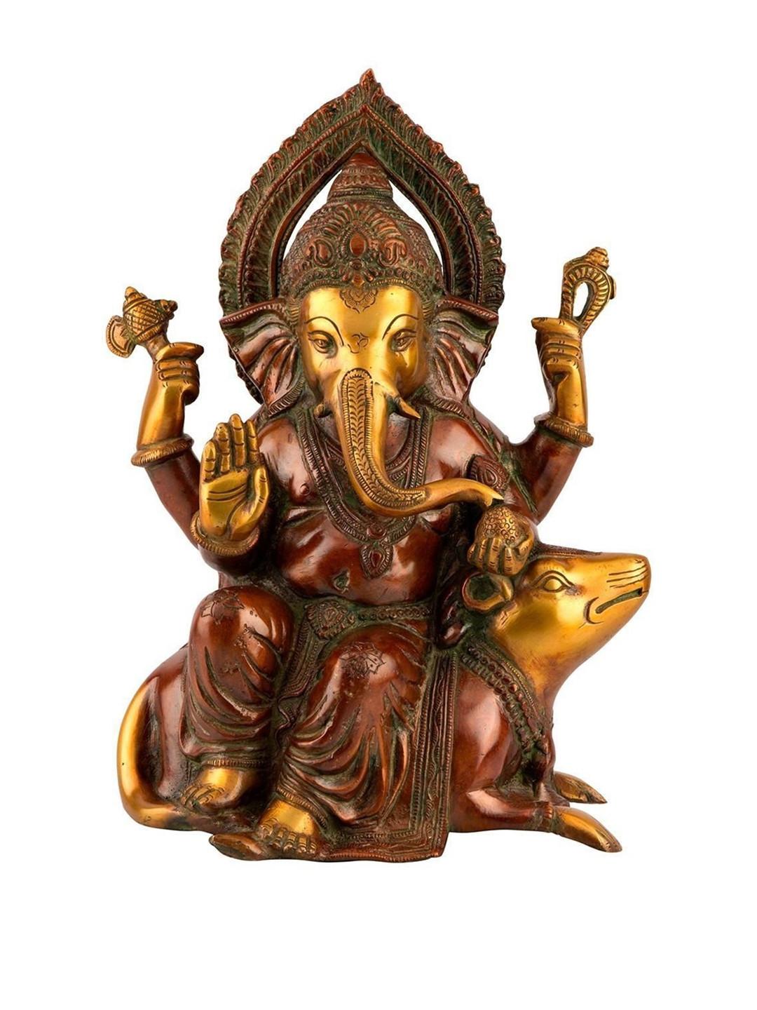 CraftVatika Ganesh Ganpati Gold Brass Metallic Prayer Room Medium Showpiece - 12 Inches