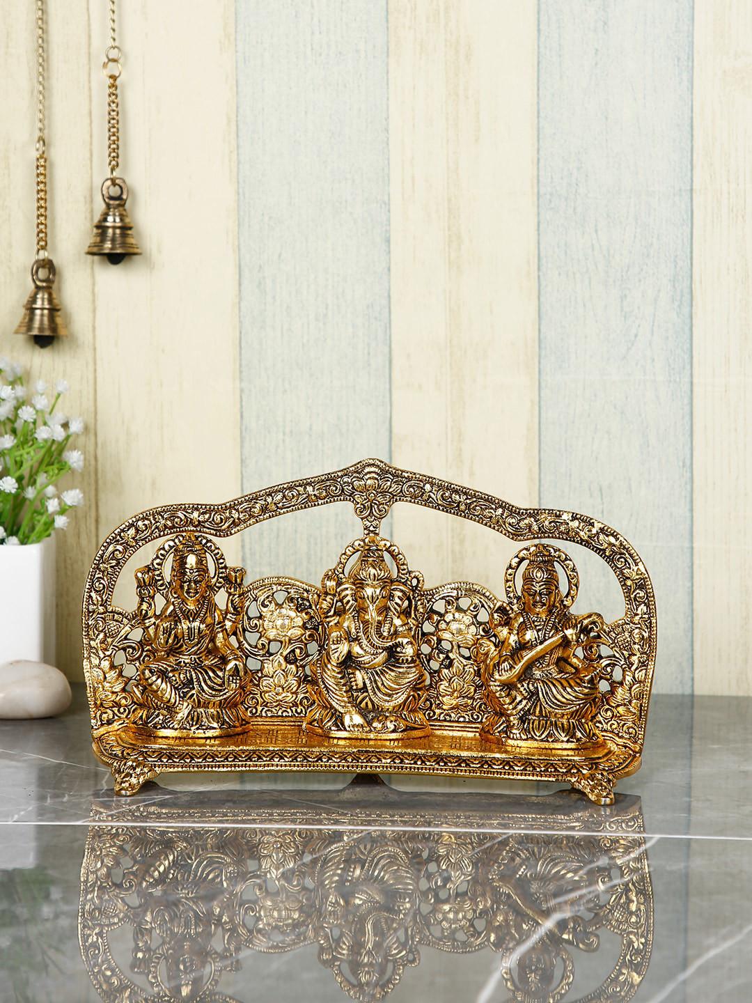 CraftVatika Goddess Laxmi Ganesha Saraswati Gold Brass Metallic Home Office Small Showpiece - 5.5 Inches