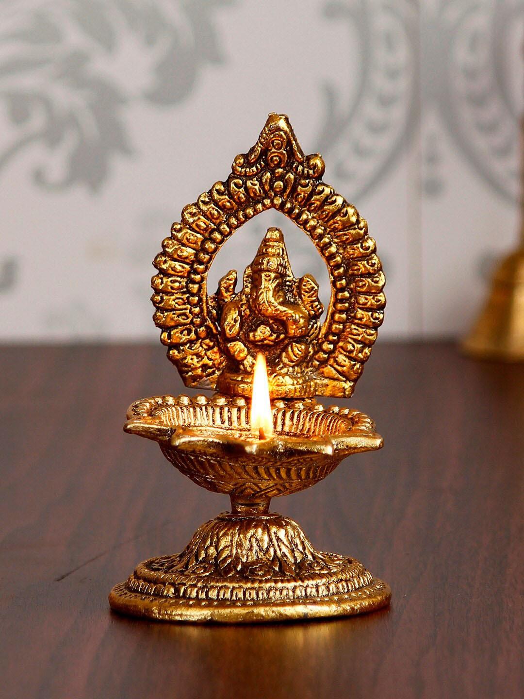 Artisyn Lord Ganesha with Diya Gold Metal Metallic Prayer Room Hand-Crafted Small Showpiece - 4.7 Inches