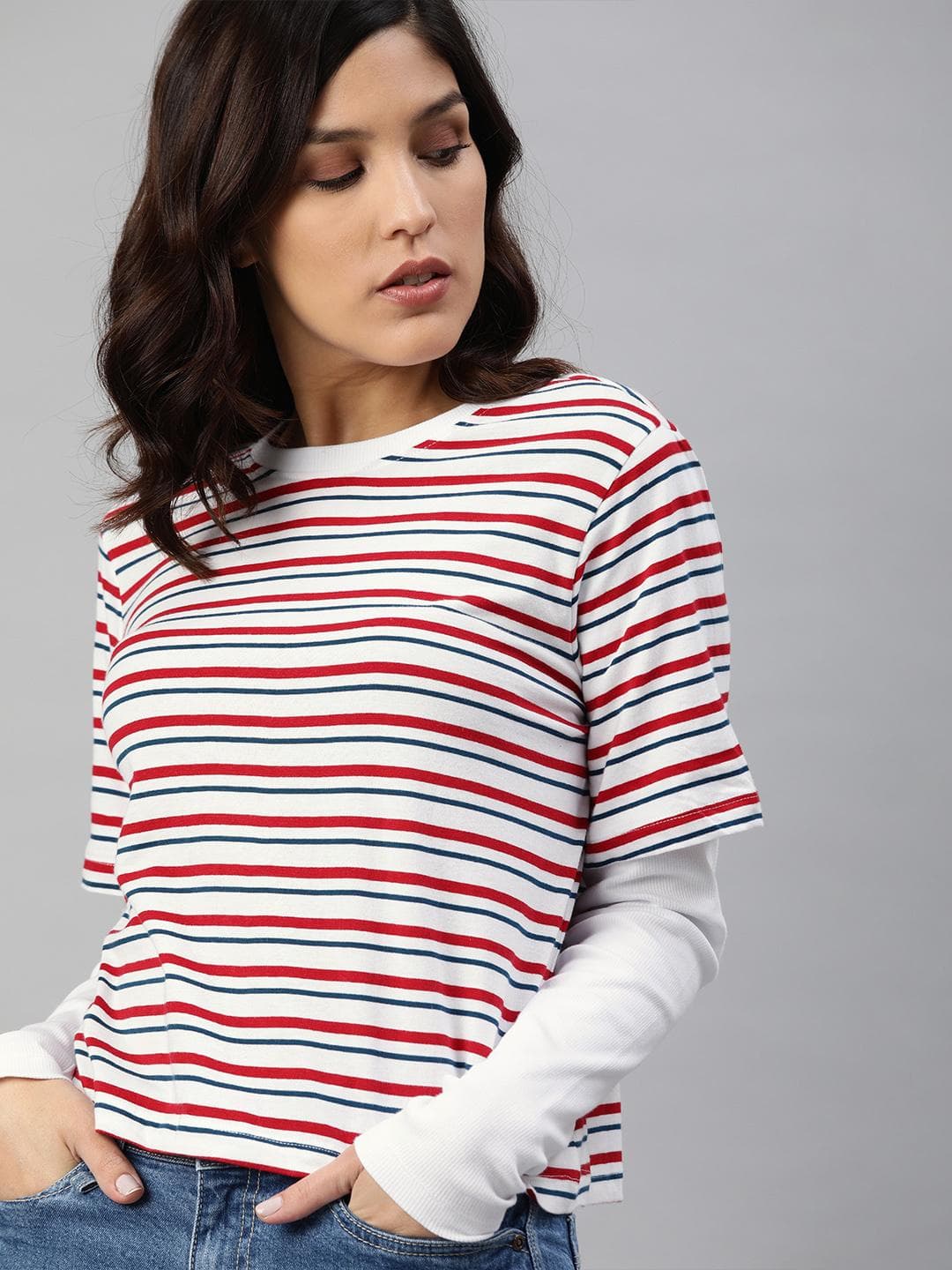 The Roadster Lifestyle Co Women White Red Striped Round Neck Pure Cotton T-shirt With Doctor Sleeves