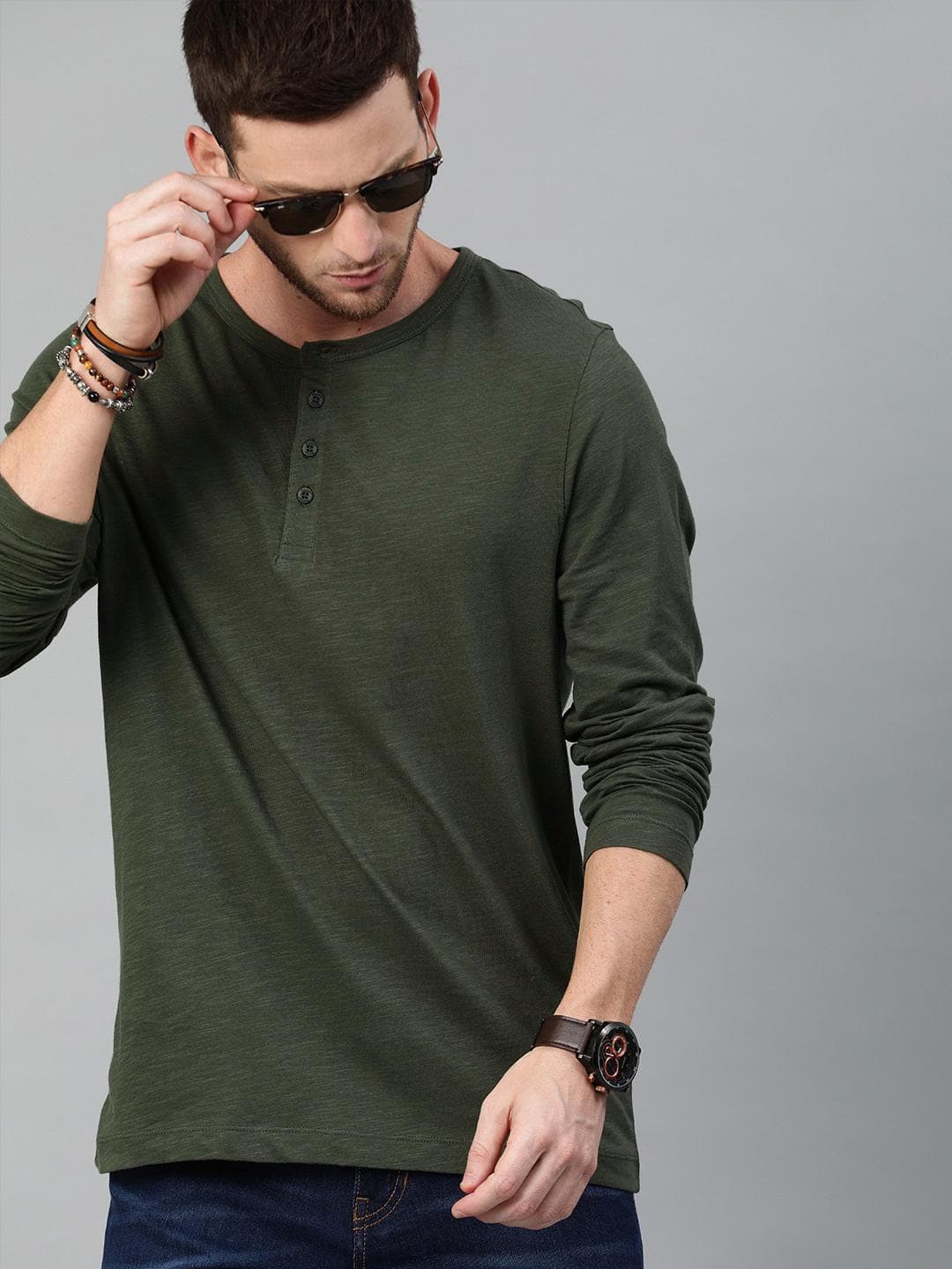Roadster Men Olive Henley Neck Cotton Cotton T-shirt
