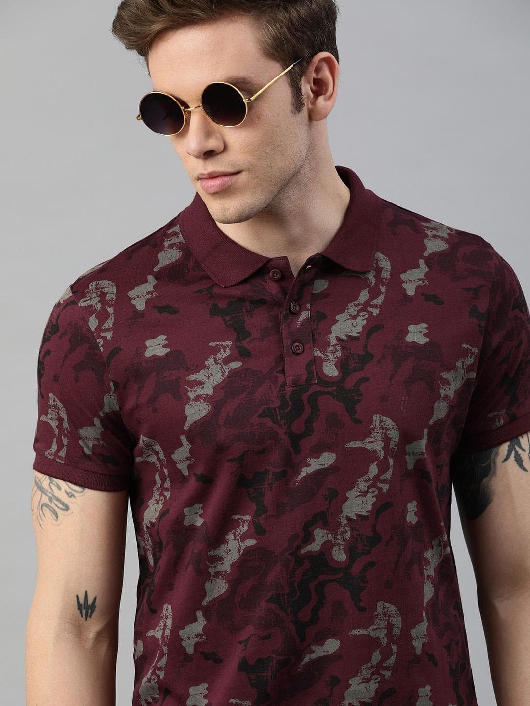 The Roadster Lifestyle Co Men Maroon and Grey Printed Polo Collar Cotton T-shirt