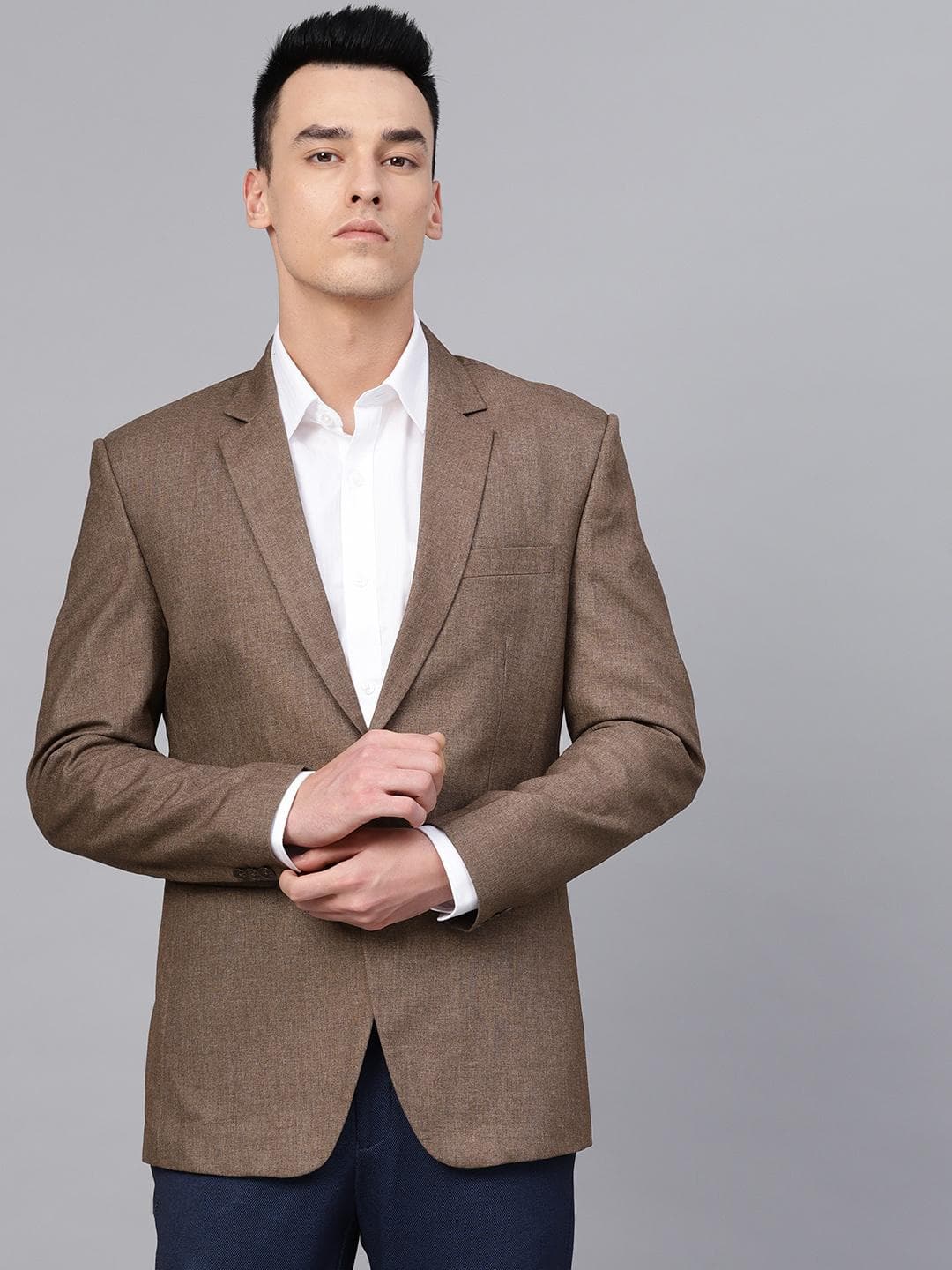 MANQ Men Brown Slim Fit Solid Single-Breasted Formal Blazer