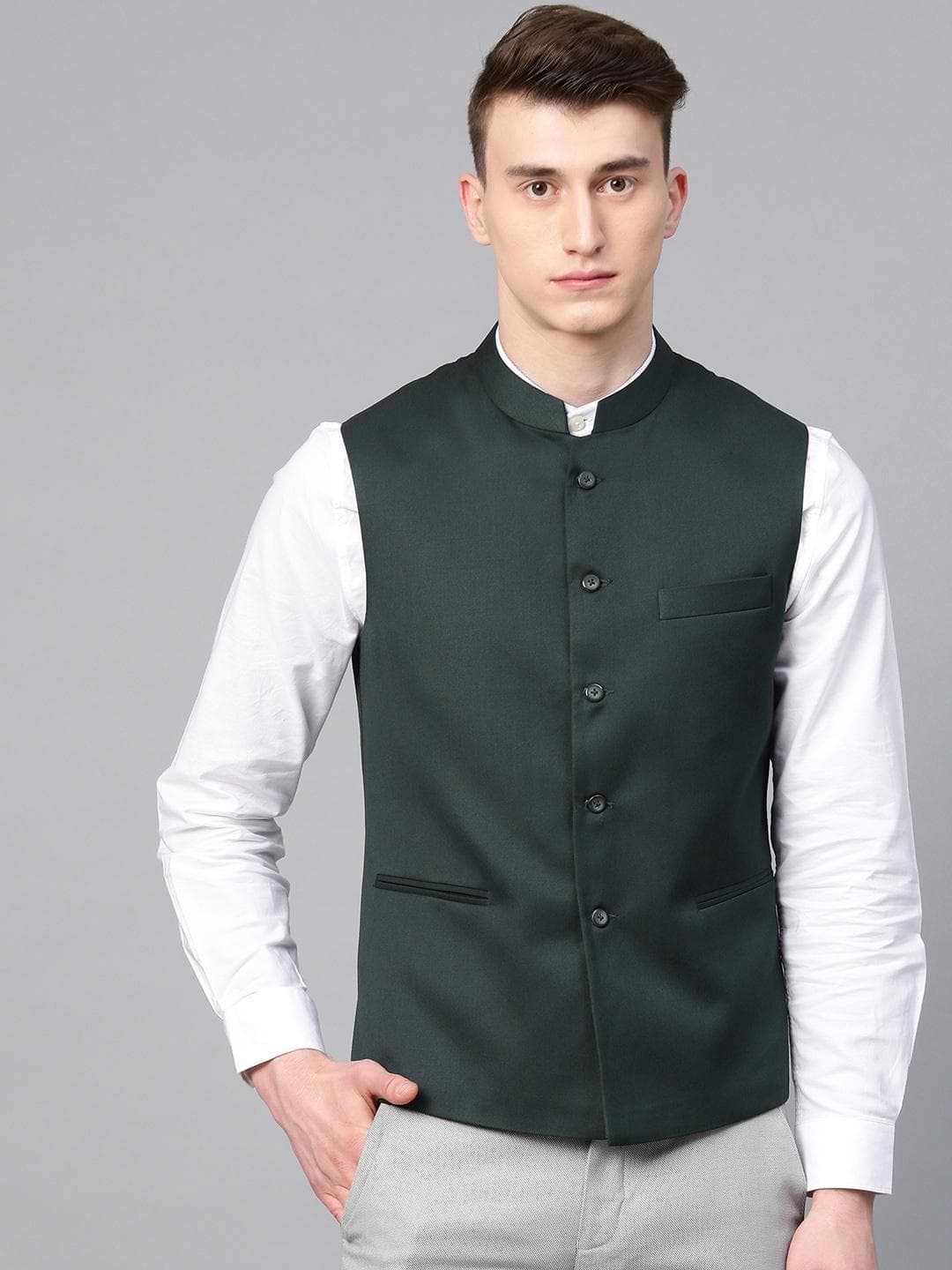 MANQ Men Green Slim Fit Solid Nehru Jacket